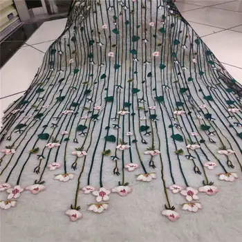 

3D flower high quality lace fabric, African lace fabric white bottom + green flower embroidery, appliqué embroidered lace fabric