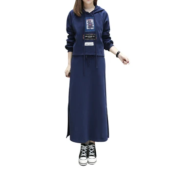 

2018 spring women's large size long fleece Hood+long Slits skirts suits female fashion plus size embroidery two-piece sets 5xl