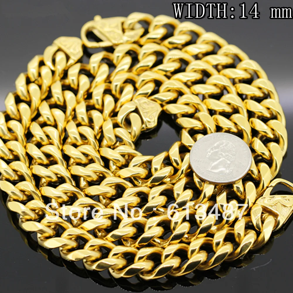 

NEW HEAVY STAINLESS STEEL MENS GOLD CURB CUBAN CHAIN NECKLACE BRACELET SET 14mm 30
