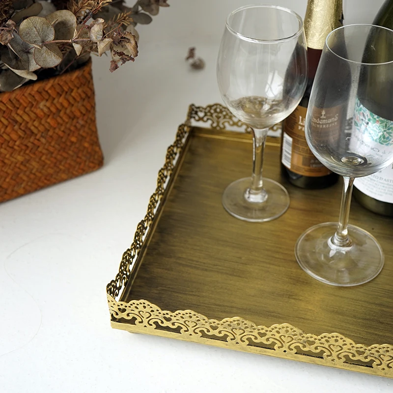 

SWEETGO Square tray Lace edge gold with black iron metal cake tools wedding table wine tray Aromatherapy perfume storage