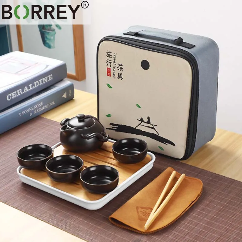 BORREY Travel Ceramic Tea Sets Kung Fu Portable Tea Set With Tea Ceremony Tray Ceramic Teapot And Teacups Gaiwan Porcelain Gift BORREY Travel Ceramic Tea Sets Kung Fu Portable Tea Set With Tea Ceremony Tray Ceramic Teapot And Teacups Gaiwan Porcelain Gift