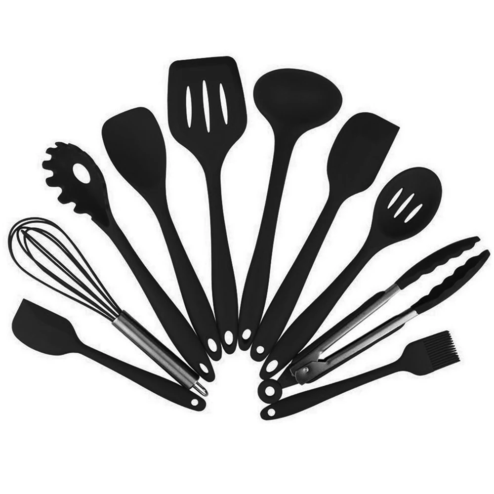 10 шт./Партия набор силиконовой кухонной посуды, антипригарная силиконовая ложка, лопатка, паста, сервер, венчик, ковш, ситечко, черный - Цвет: Black