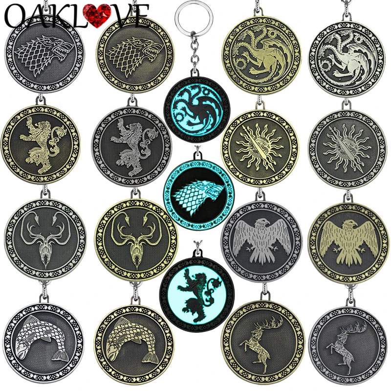 

Game of Thrones Keychain Glowing Stark Wolf Pendants Key Chain Glow in the Dark Targaryen Dragon Luminous Key Rings Gift Jewelry