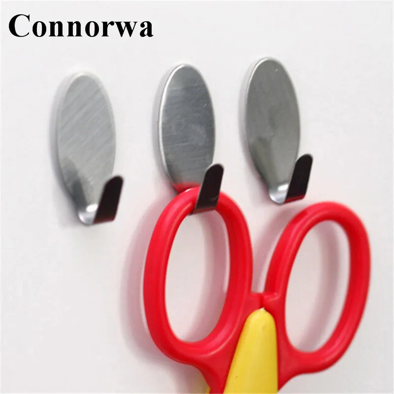 

Connorwa Hot Sell 6X round Adhesive Kitchen Wall Door Stainless Steel Stick Hook Hanger