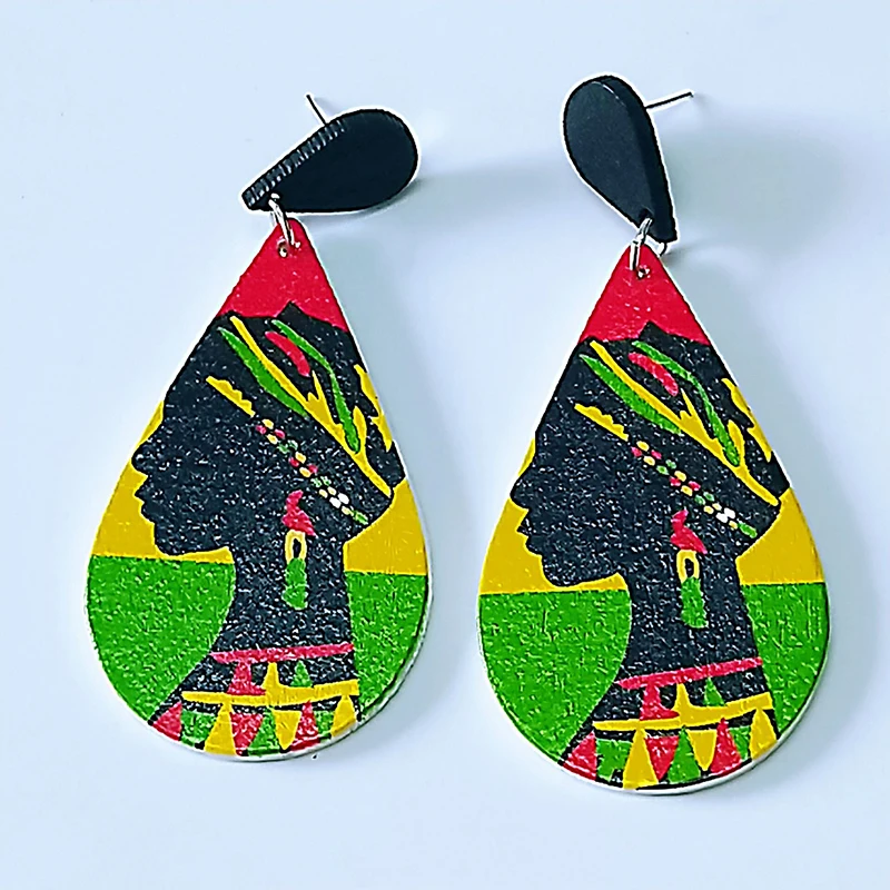 

Wood Colorful Printing Africa African Queen Black Lady Drop Earrings Women Wooden Fashion Hiphop Tribal DIY Vintage Ear Jewelry