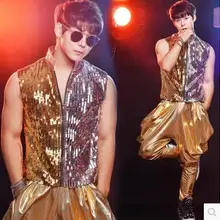 XS-3XL горячий ночной клуб Для мужчин одежда Певица Рок Хип-хоп ds dj Fashion блестками Стенд воротник жилет комплект со штанами бар сценические костюмы