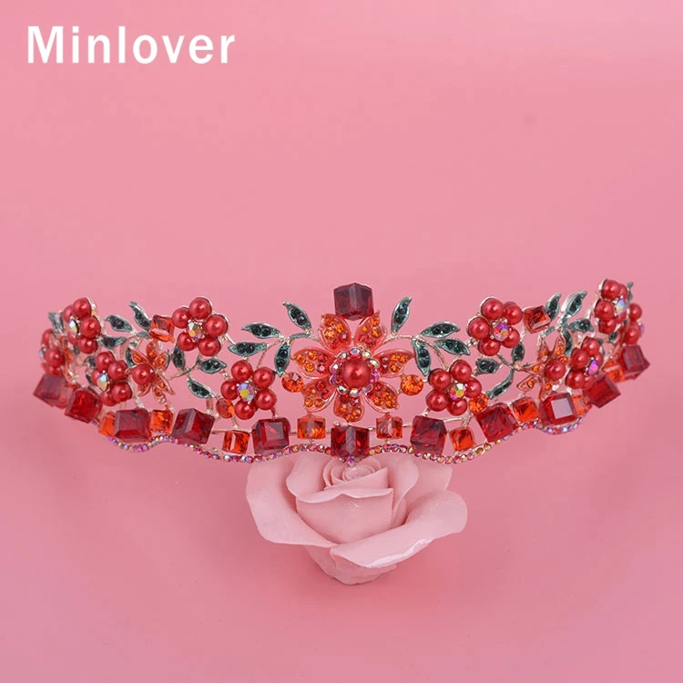 Minlover Великолепный красный/синий имитация жемчуга цветок тиары невесты корона женские бусины Свадебный ободок аксессуары для волос ювелирные изделия HG170
