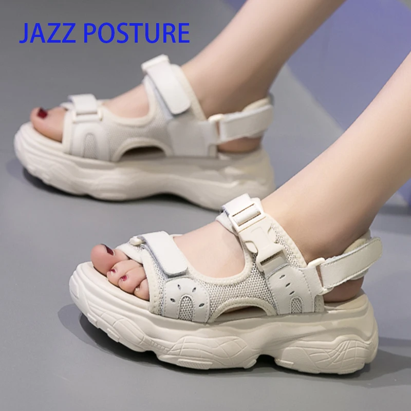 

2019 New Spring Summer Fish mouth Shallow Pu Leather Hook Casual Sport Wedges High Heels Sandals Women Fashion Tide y662