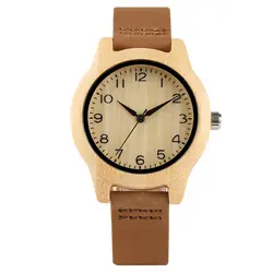 Новый бамбука Для женщин часы арабские цифры натуральная кожа кварцевые наручные женские часы браслет Relogio Feminino