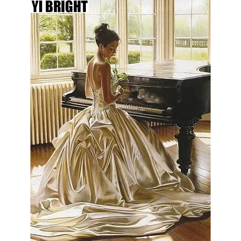 yi Brilhante Diy 3d Diamante Bordado Ponto Cruz Mulheres Bonitas Piano Mural Praça & Round Completo Pintura Diamante Home Decor gt
