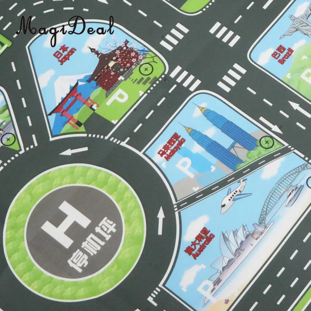 World Map Road Traffic System Playmat Activity Play Mat Carpet Educational Toy for Playing Cars & Train Track Playroom Fun
