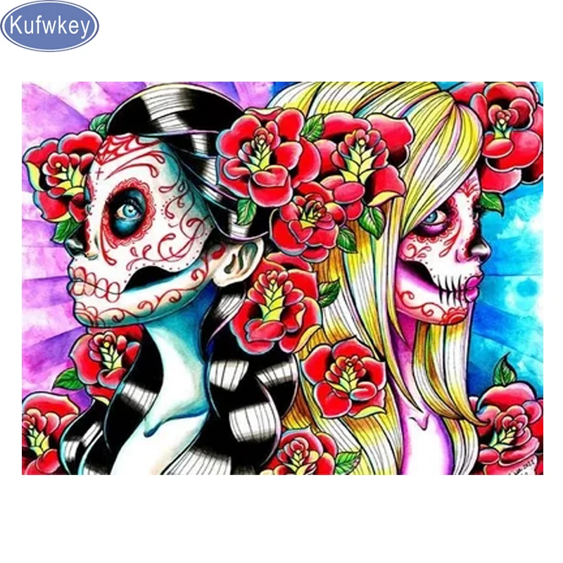 

sugar skull girl Diamond Painting full square round diamond Embroidery Portrait 3d Cross Stitch 5D custom photo Home Decor