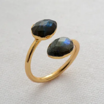Big Stone Rings Gold Color Labradorite Luxury Party Ring Size 7 High End Women Jewelry Anniversary Gifts