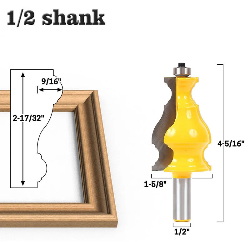 

1pc 12.7mm 1/2" Shank Elegant Large Picture Frame Edging Molding Wood Router Bit Tungsten Carbide Tipped Chamfer End Mills