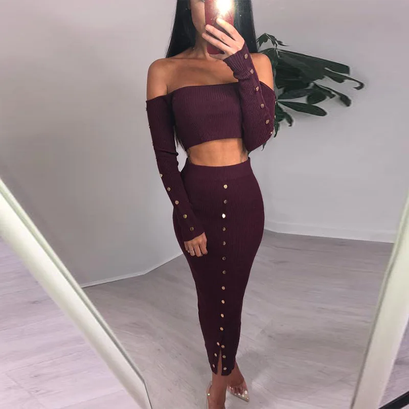 

2019 New Sexy Women Two Piece Outfits Set Age Reduction Solid Strapless Full Sleeve Maxi Skirts Slim Knit Hollow out Set