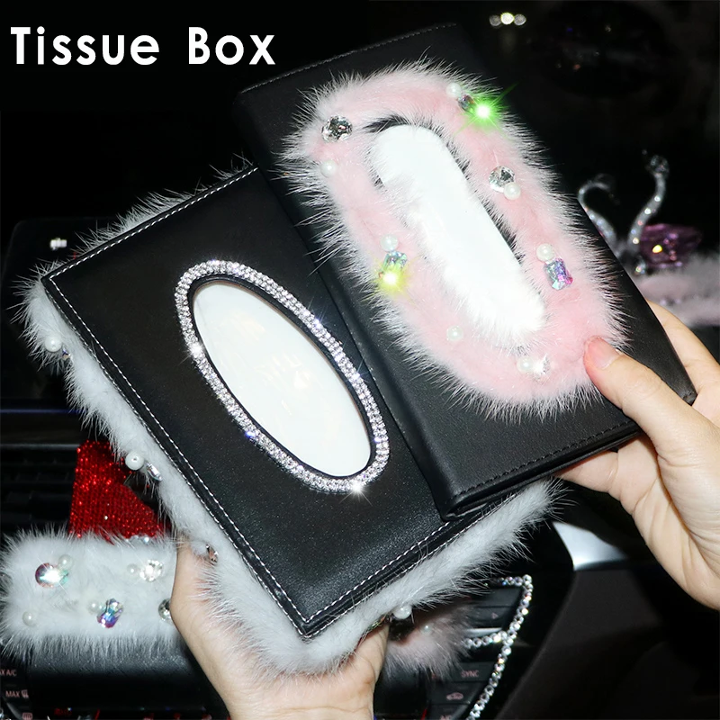 

Women Car Tissue Box Rhinestone Diamond Auto Tissue Holder Block-type Pearl Tissue Box Car Styling Women Girls