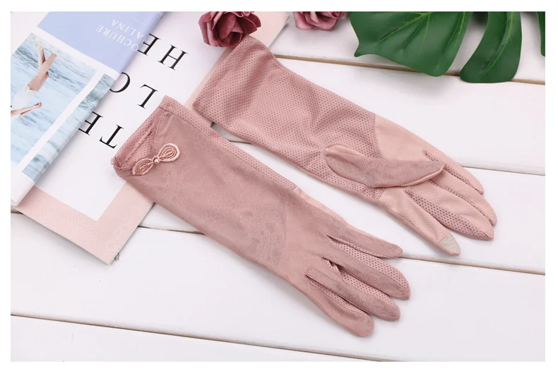 Женские перчатки летние Ice Silk сенсорный экран солнцезащитные перчатки Женский Тонкие Нескользящие велосипедные кружевные тонкие Средние
