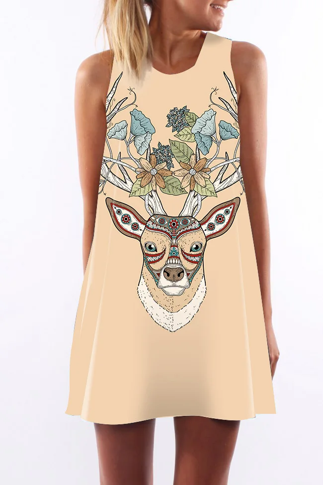 2018 Summer Dress Women Floral Print Polyester Dress Sleeveless Boho Style Short Beach Dress Sundress Casual Shift Dresses (106)