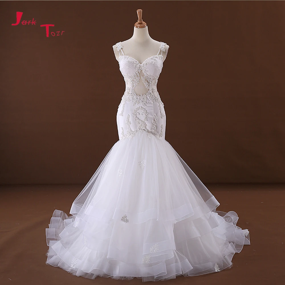 

Jark Tozr 2019 New Arrive Abito Da Sposa Appliques Full Pearls Pleat Illusion Mermaid Wedding Dress Vestido De Noiva Sereia