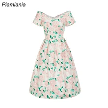 

Women Summer Elegant Floral Print Vintage Short Sleeves Plus Size V Neck A Line Midi Short Dress Female Party Ball Dress