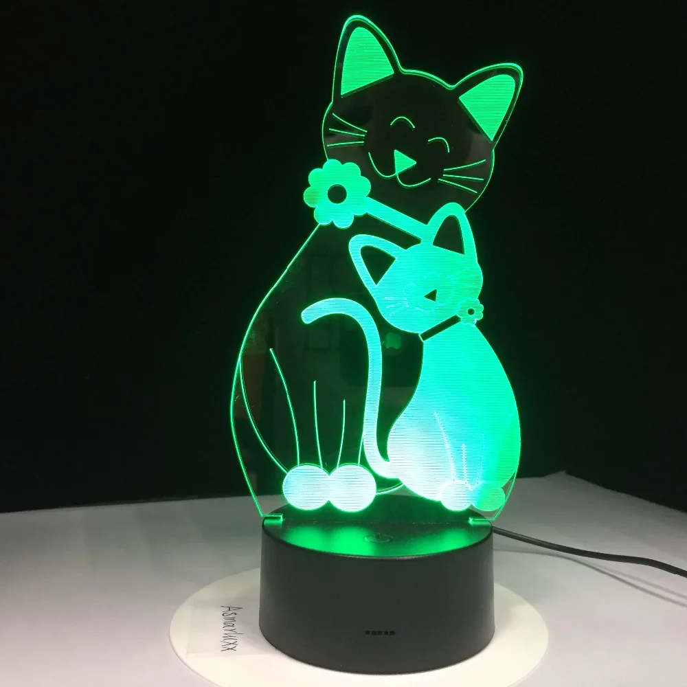 Светодиодная лампа с милым котом USB 3D 7 цветов сенсорный пульсветильник