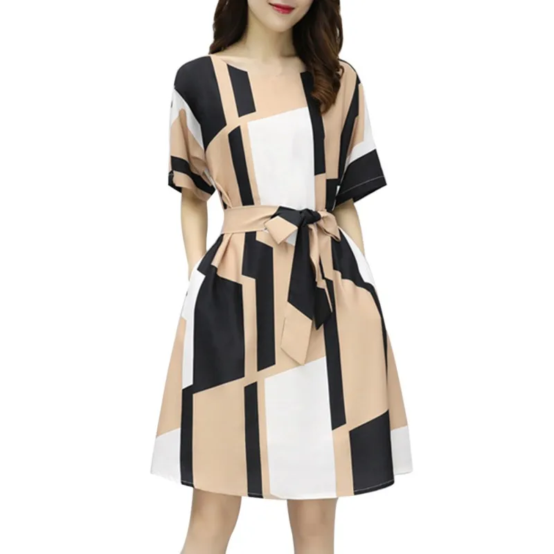 

High Women Street Dresses Summer Patchwork Dresses Fashion O Neck Short Sleeve Slash Dress Plus Size 3XL 2019 Summer with Sashes