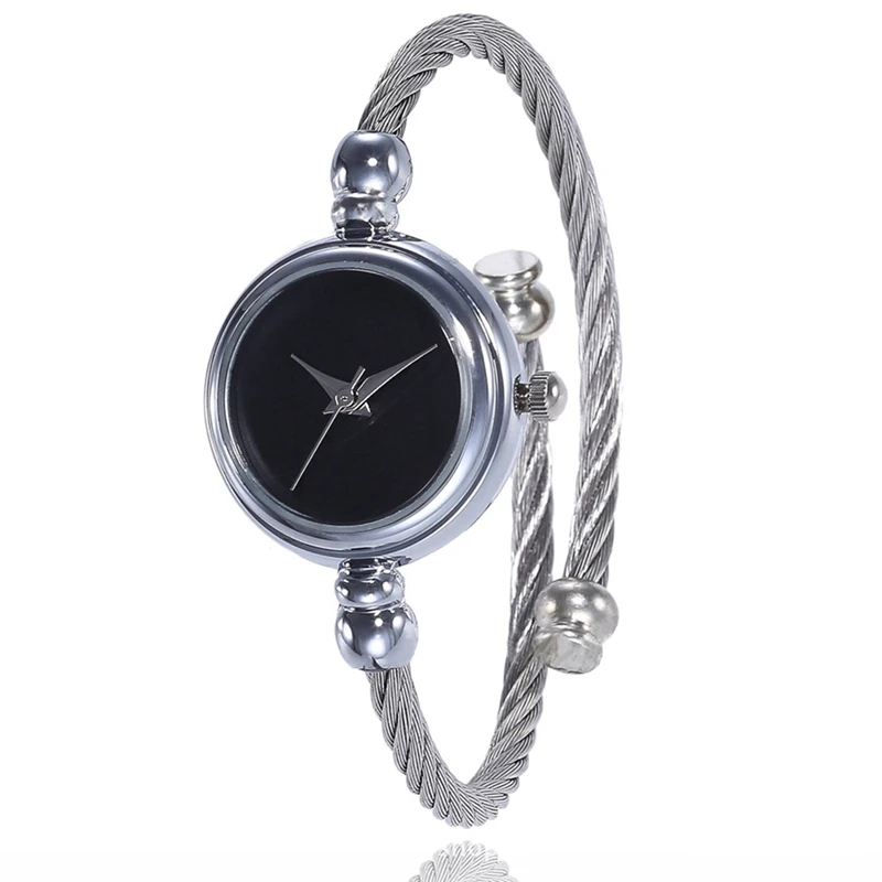 Уникальный Женский браслет часы маленький Гладкий циферблат топ роскошный серебряный тонкий ремешок Корейский ретро искусство женские часы кварцевые часы подарок час - Цвет: silver black