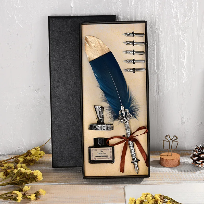 

1Set Calligraphy Feather Dip with 5 Nib Gift Quill Pen Writing Ink Set Gift Box Wedding Fountain Pen Design New