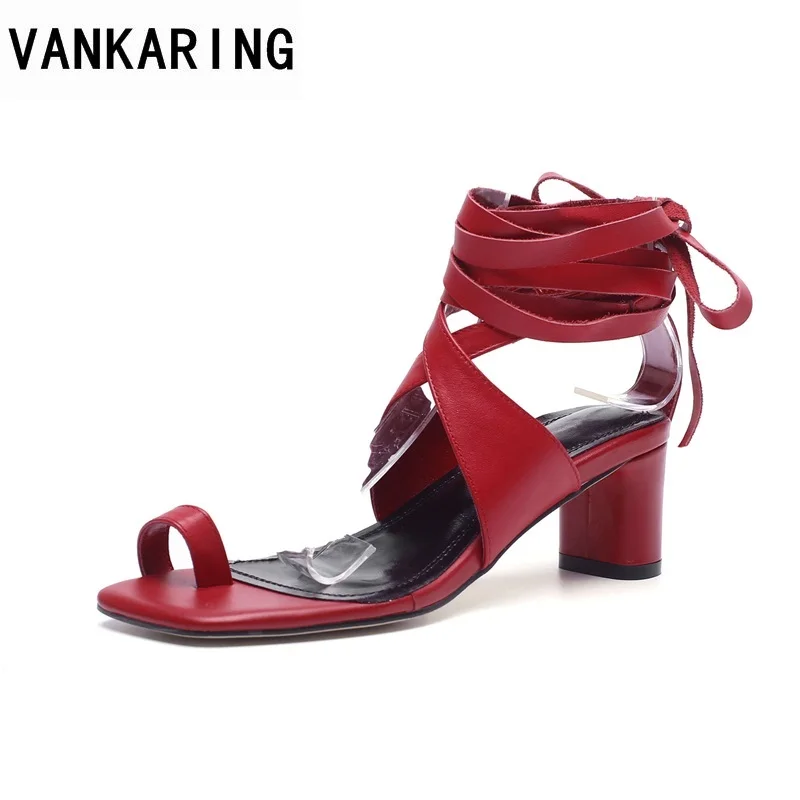 

VANKARING best sellers summer high heel sandals women genuine leather open toe shoes fashion cross strap women party date shoe