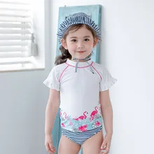 Г. Обновленный детский купальный костюм в полоску с принтом фламинго для девочек комплект из 3 предметов с шапкой, детское бикини, пляжный бассейн, спа, купальная одежда S92816X