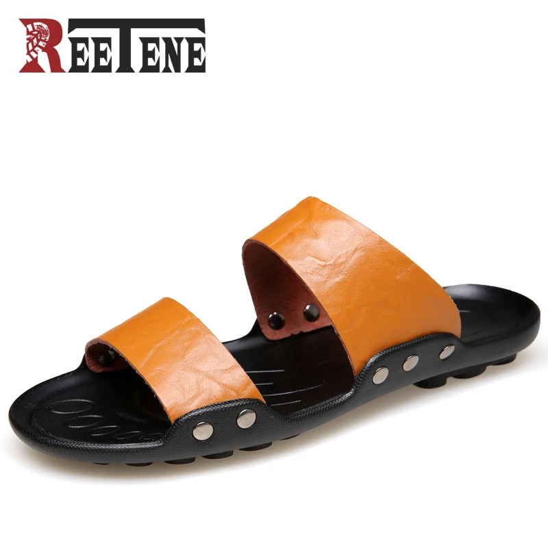 

REETENE Top PU Leather Men Sandals Summer Slippers 2018 New Arrival Men Flip Flop Beach Sandals Summer Shoes For Men Size 38-48