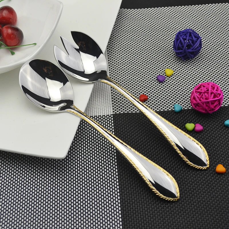2Pcs Dishes Fork+Salad Spoon Elegant Tableware Stainless Steel Delicate