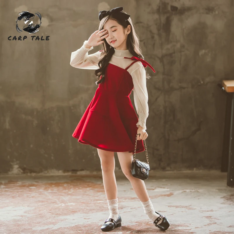 

2019 spring new little girl dress girl clothes party beauty pageant stitching red suspender dress dress baby girl costume 3 - 12
