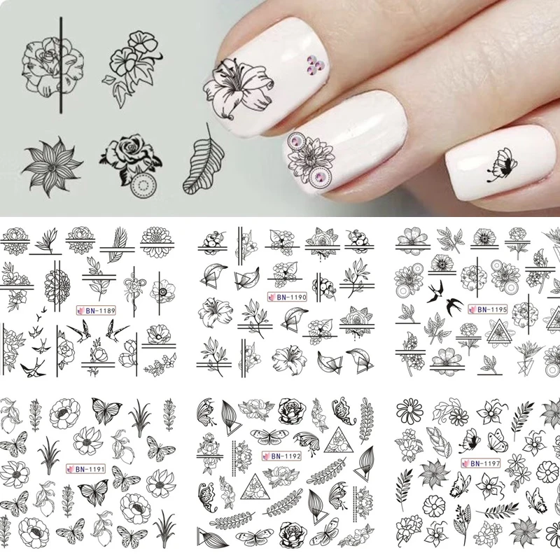 12 шт. Фламинго тропическая вода наклейки Черный цветок Сетка плед Nail Art Наклейка s