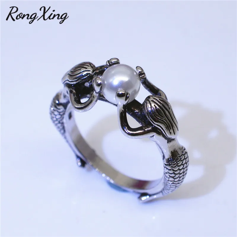 RongXing винтажные серебряные белые жемчужные кольца русалки для женщин антикварные
