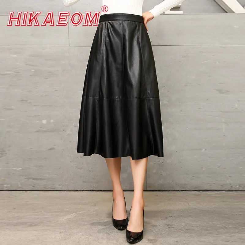 

Fashion Pleated PU Leather Skirt Women's Black High Waist Regular Autumn Mid-calf Plus Size Ladies Skirts 2018 New Arrivals
