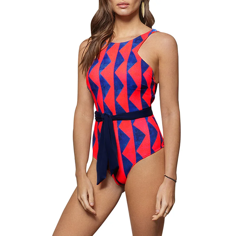 

2019 Sexy Women One Piece Swimsuit Geometric Print Push Up Backless Tie Waist Monokini Swimwear Swimsuit Women