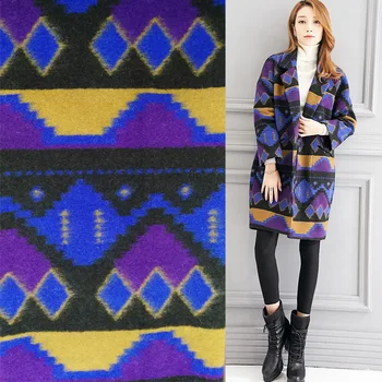 

60%wool Knitted wool tweed ethnic style purple diamond shape autumn and winter woolen fabric 650gsm
