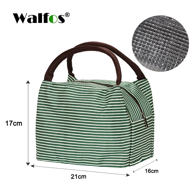 WALFOS Portable Lunch Bag Canvas Stripe Insulated Cooler Bags Thermal Food Picnic Lunch Bags Kids Lunch Box Bag Tote - Цвет: WALFOS Green