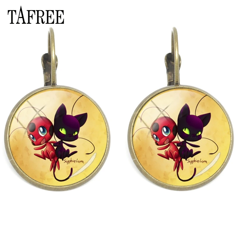 

TAFREE Fashion Chat Noir Ladybug Clip Earrings Handmade Glass Cabochon Vintage Earrings For Women Party Decoration Jewelry LB132