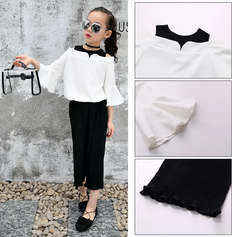 2018 Fashion Girls Suit Solid Tops + pants 2 Pieces The Set Kids black