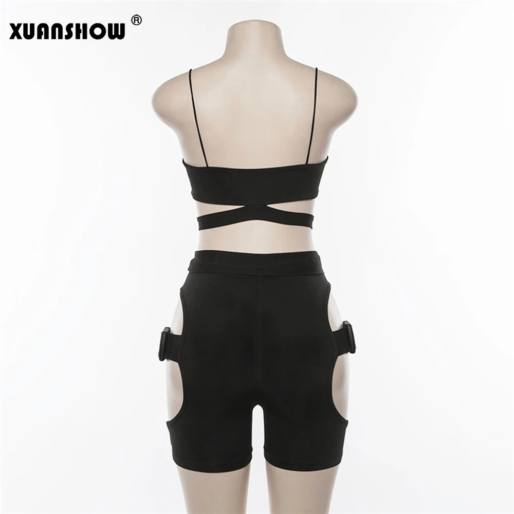 XUANSHOW 2019 Мода Neon летние шорты наборы трубки топы + шорты байкеров 2 шт короткий набор Для женщин подарок пояса полые верхняя одежда