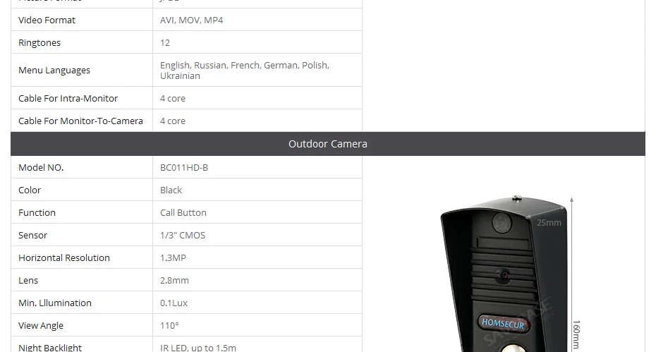 HOMSECUR 7 "Проводной Видео домофонов Интерком охранника с ИК Ночное видение для дома/без каблука BC011HD-B + BM718HD-W