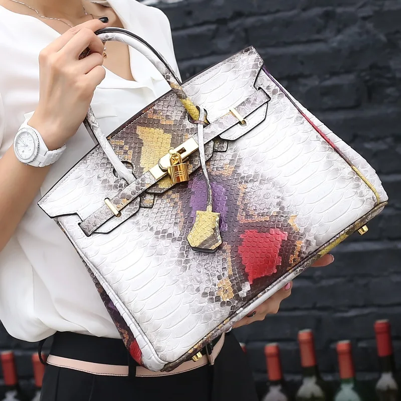 

Genuine cow Leather 2018 New snake pattern platinum bag shoulder fashion ladies big bag handbag famous designer handbags Lock