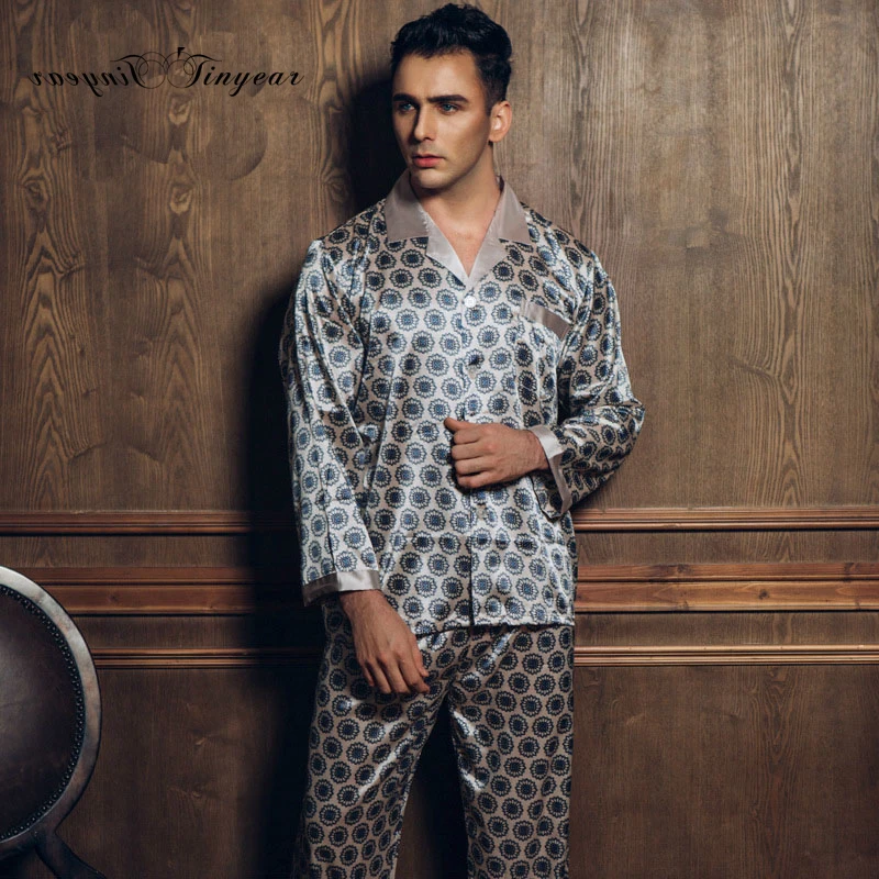 Fashion Mens Silk Satin Pajamas Print Flower Mens Sleepwear Elegant