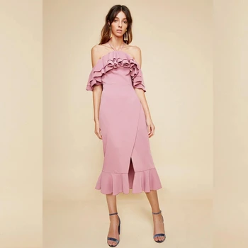 

2019 Eelgant Pink Short Sleeve Ruffles Sexy Dress Solid Fashion Women Mermaid Summer Celebrity Backless Vestidos Halter