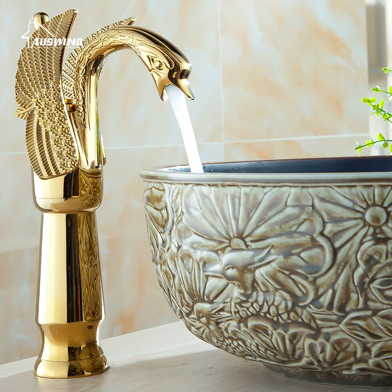 

Gold Brass Swan Carved Facuet Tall Bend With All Accessories Kitchen Mixer Basin Taps