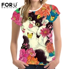 FORUDESIGNS/ футболка для женщин для спортзала, бега, цветочные кошки футболки с принтом Mujer топы с круглым вырезом Футболка забавная 3D футболка с изображением кошки сухая быстрая