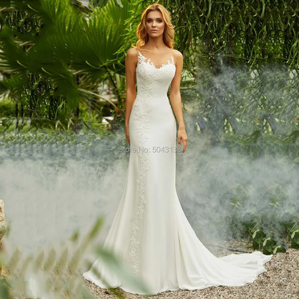 

2019 Elegant Satin Mermaid Wedding Dresses with Appliques Off The Shoulder Sleeveless Bridal Gowns Sheer Back Wedding Dress