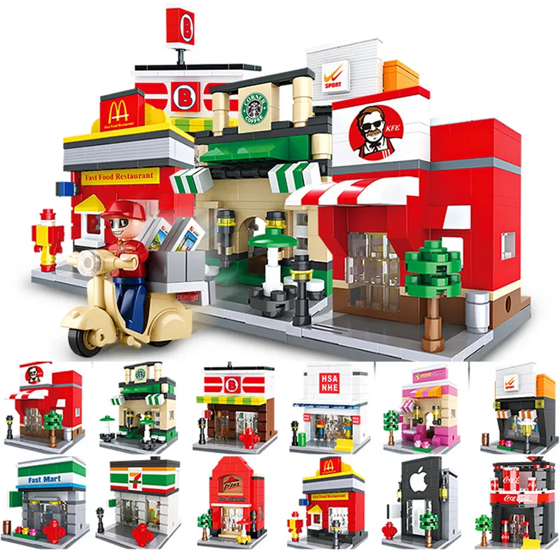 

Mini City Street View Shop Series Children's Building Blocks Toy 3D Model McDonald KFCE Cafe Apple Ice Cream Candy WithLegoing